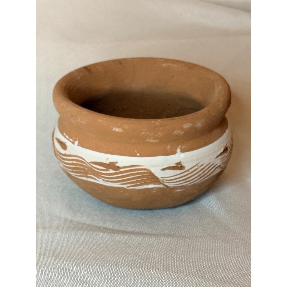 Handmade Terracotta Clay Pot Small Rustic Planter White Wavy Pattern 4 Inch - Picture 1 of 6